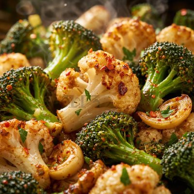Image of Roasted Cauliflower Broccoli and Garlic
