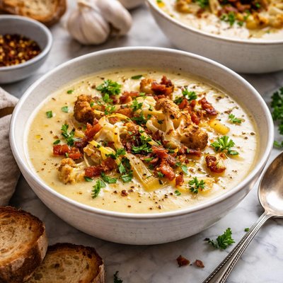 Image of Roasted Cauliflower Potato Leek and Garlic Soup