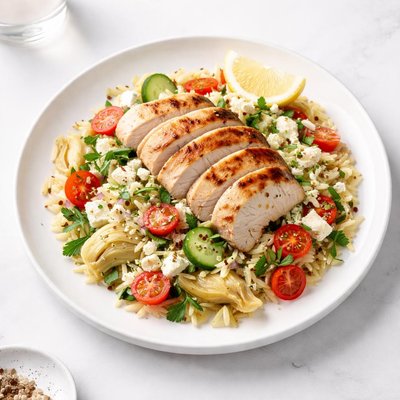 Image of Roasted Chicken Artichoke Feta and Orzo Salad