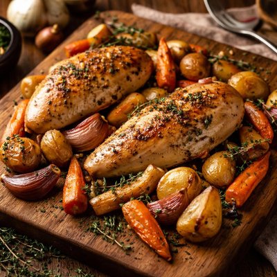 Image of Roasted Chicken Breasts with Root Vegetables and Thyme