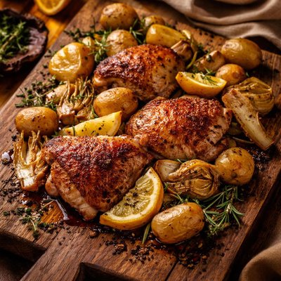 Image of Roasted Chicken Thighs with Potatoes Artichokes and Lemon