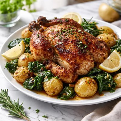 Image of Roasted Chicken with Potatoes and Spinach