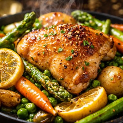 Image of Roasted Chicken with Spring Vegetables and Lemon Honey Sauce