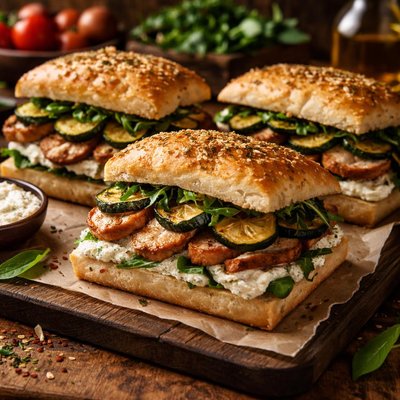 Image of Roasted Chicken Zucchini Ricotta Sandwiches on Focaccia