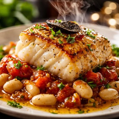 Image of Roasted Cod with White Beans Tomato Compote and Truffle Oil