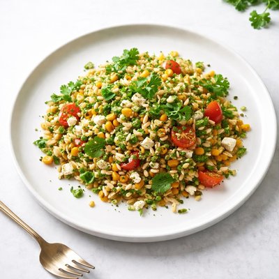 Image of Roasted Corn Orzo Salad with Cilantro Pesto