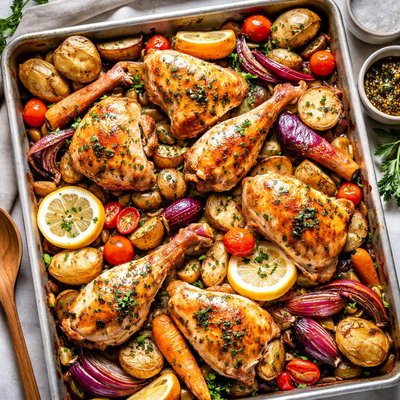 Image of Roasted Cut Up Chicken and Vegetables