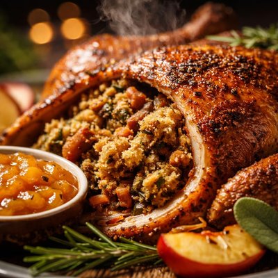 Image of Roasted Duck with Sage Onion Stuffing Applesauce