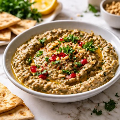 Image of Roasted Eggplant Onion and Garlic Dip or Spread
