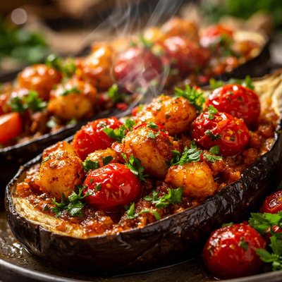 Image of Roasted Eggplant with Harissa Potatoes and Tomatoes