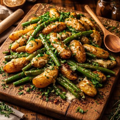 Image of Roasted Fingerling Potatoes Green Beans in Tarragon Sauce
