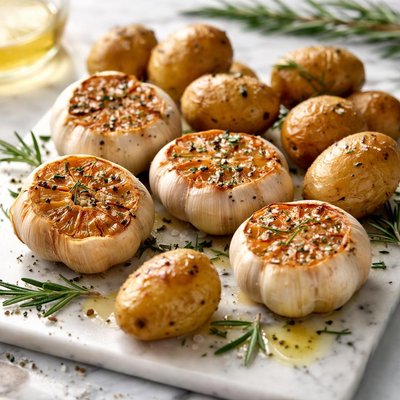Image of Roasted Garlic Heads and New Potatoes with Rosemary