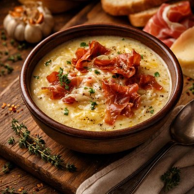 Image of Roasted Garlic Soup with Swiss Cheese and Prosciutto