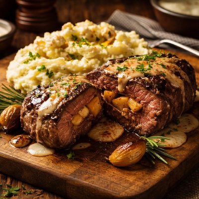 Image of Roasted Garlic Stuffed Steak with Garlic Mashers and Balsamic Cream Sauce Very Easy