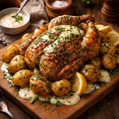 Image of Roasted Herbed Chicken with Potatoes and Creamy Lemon Sauce