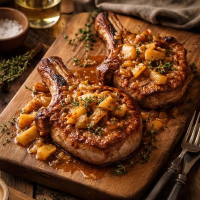 Image of Roasted Heritage Berkshire Pork Chops with Apple Pan Sauce