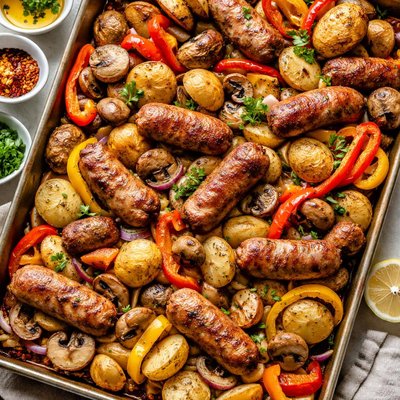 Image of Roasted Italian Sausage and Potatoes with Mushrooms and Peppers