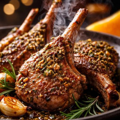 Image of Roasted Lamb Chops with Orange Garlic and Rosemary Pesto Rub