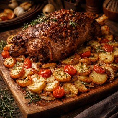 Image of Roasted Lamb with Potato Onion and Tomato Gratin