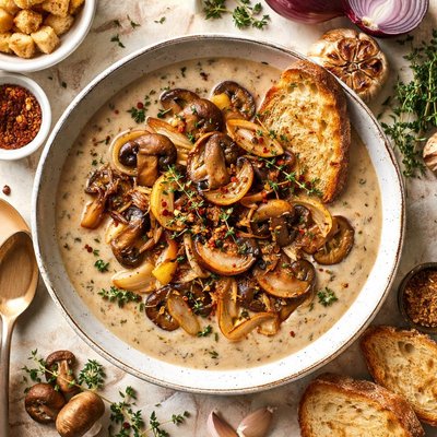 Image of Roasted Mushroom Onion and Garlic Soup