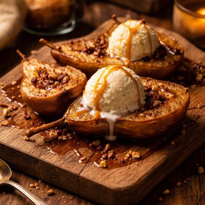 Image of Roasted Pears with Brown Sugar and Vanilla Ice Cream