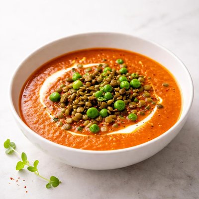 Image of Roasted Pepper Soup with Lentils and Peas