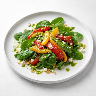 Image of Roasted Peppers and Spinach Salad with Pesto Vinaigrette