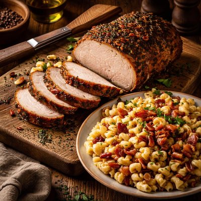 Image of Roasted Pork Loin with Bacon and Onion Spaetzle