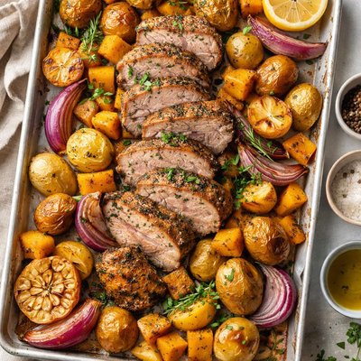 Image of Roasted Pork with Potatoes and Butternut Squash