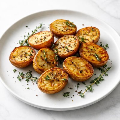 Image of Roasted Potato Halves with Herb Sprigs
