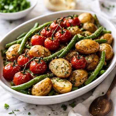 Image of Roasted Potatoes Cherry Tomatoes and Green Beans