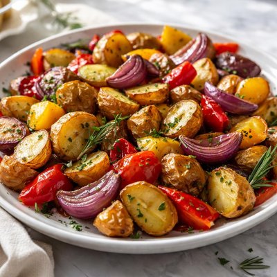 Image of Roasted Potatoes Peppers and Onions with Rosemary