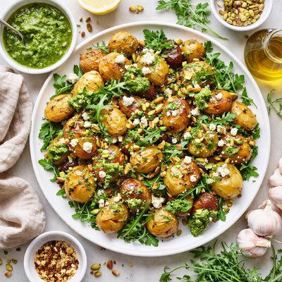 Image of Roasted Potatoes with Arugula Pistachio Pesto