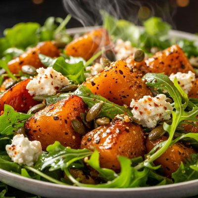 Image of Whole30 Roasted Pumpkin Salad with Feta and Arugula