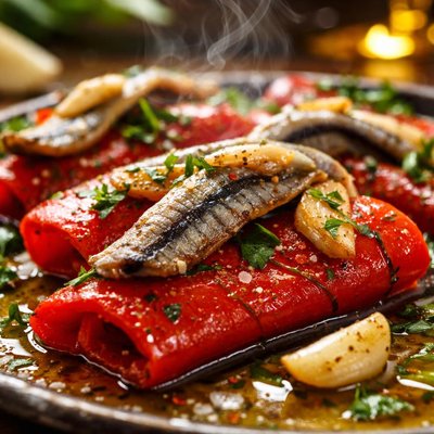 Image of Roasted Red Pepper Garlic and Anchovy Appetizer
