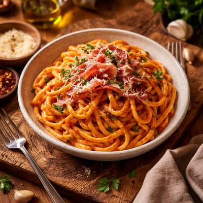 Image of Roasted Red Pepper Puree W Prosciutto and Linguine