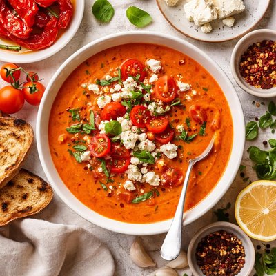Image of Roasted Red Pepper Soup with Tomato Feta
