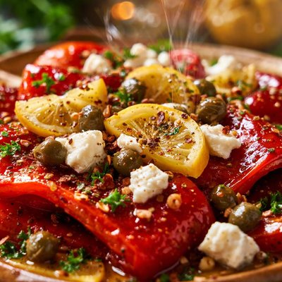 Image of Roasted Red Peppers with Feta Capers and Preserved Lemons
