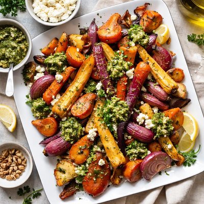 Image of Roasted Root Vegetables with Walnut Pesto