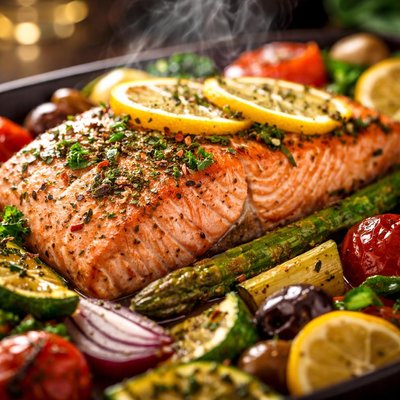 Image of Whole30 Roasted Salmon with Seasonal Vegetables