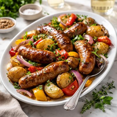 Image of Roasted Sausages Peppers Potatoes and Onions