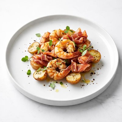 Image of Roasted Shrimp Potatoes and Prosciutto
