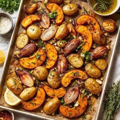 Image of Roasted Squash Potatoes Shallots Herbs