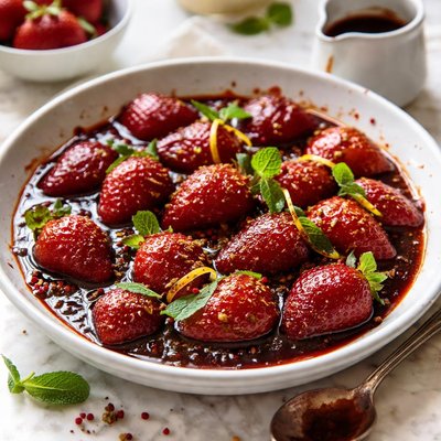 Image of Roasted Strawberries with Wine Balsamic Vinegar Sauce
