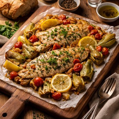 Image of Roasted Tilapia with Artichoke Hearts and Tomatoes
