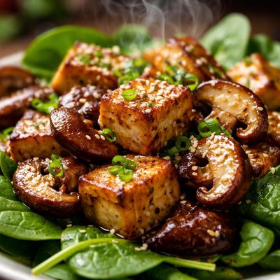 Image of Roasted Tofu with Mushrooms Soy Ginger on Baby Spinach