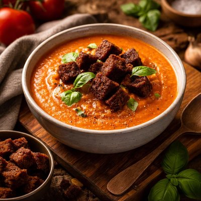 Image of Roasted Tomato Basil Bisque with Pumpernickel Croutons Vegan