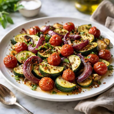 Image of Roasted Tomatoes Onions and Zucchini