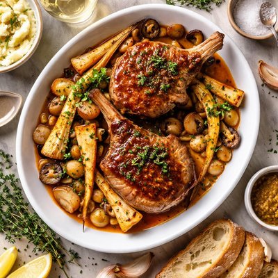 Image of Roasted Veal Chops with Madeira and Parsnips