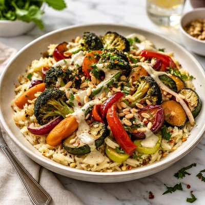 Image of Roasted Vegetables W Tahini Sauce Over Orzo